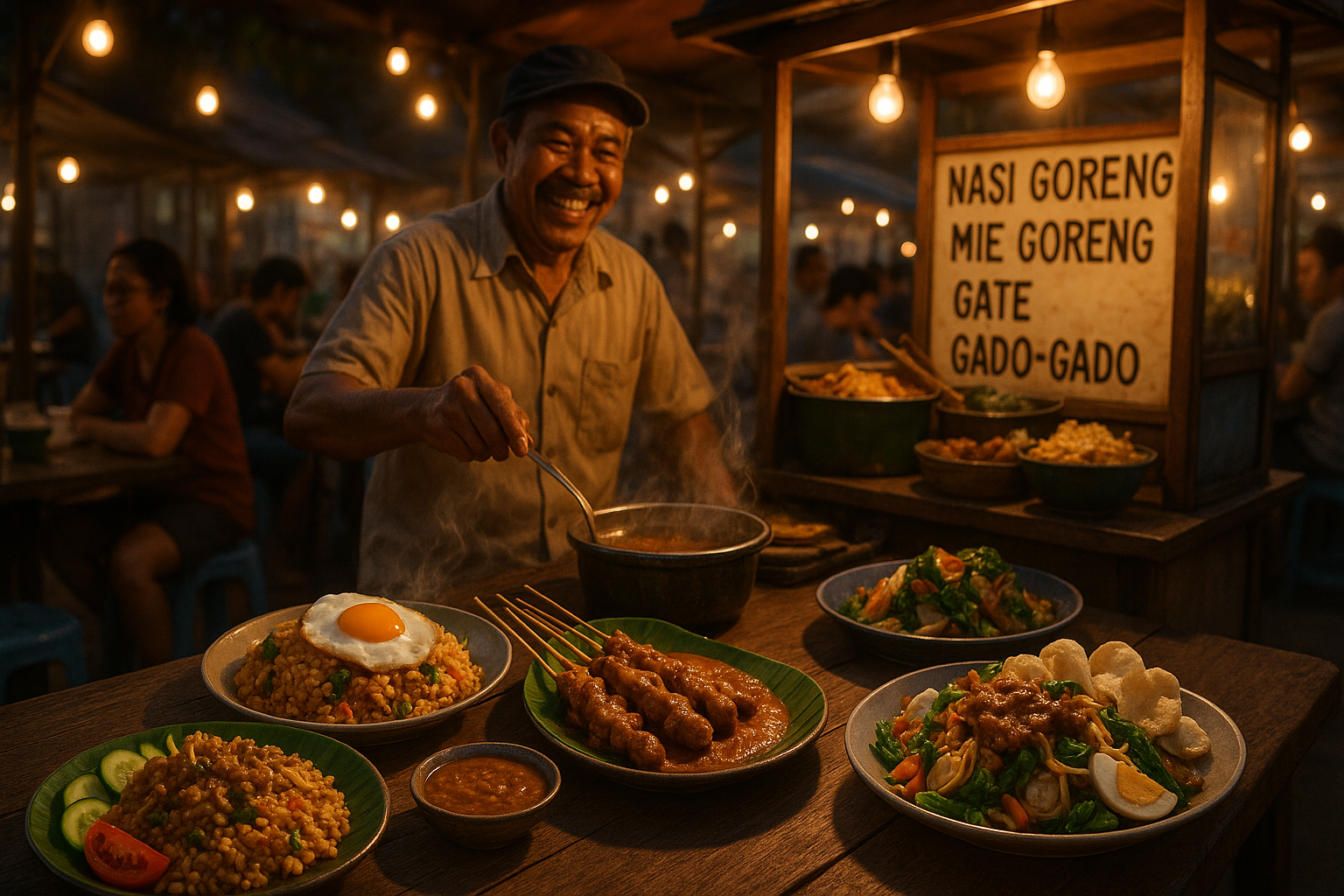 Traditional Indonesian street food including nasi goreng, satay skewers, mie goreng, and gado-gado at a local market stall