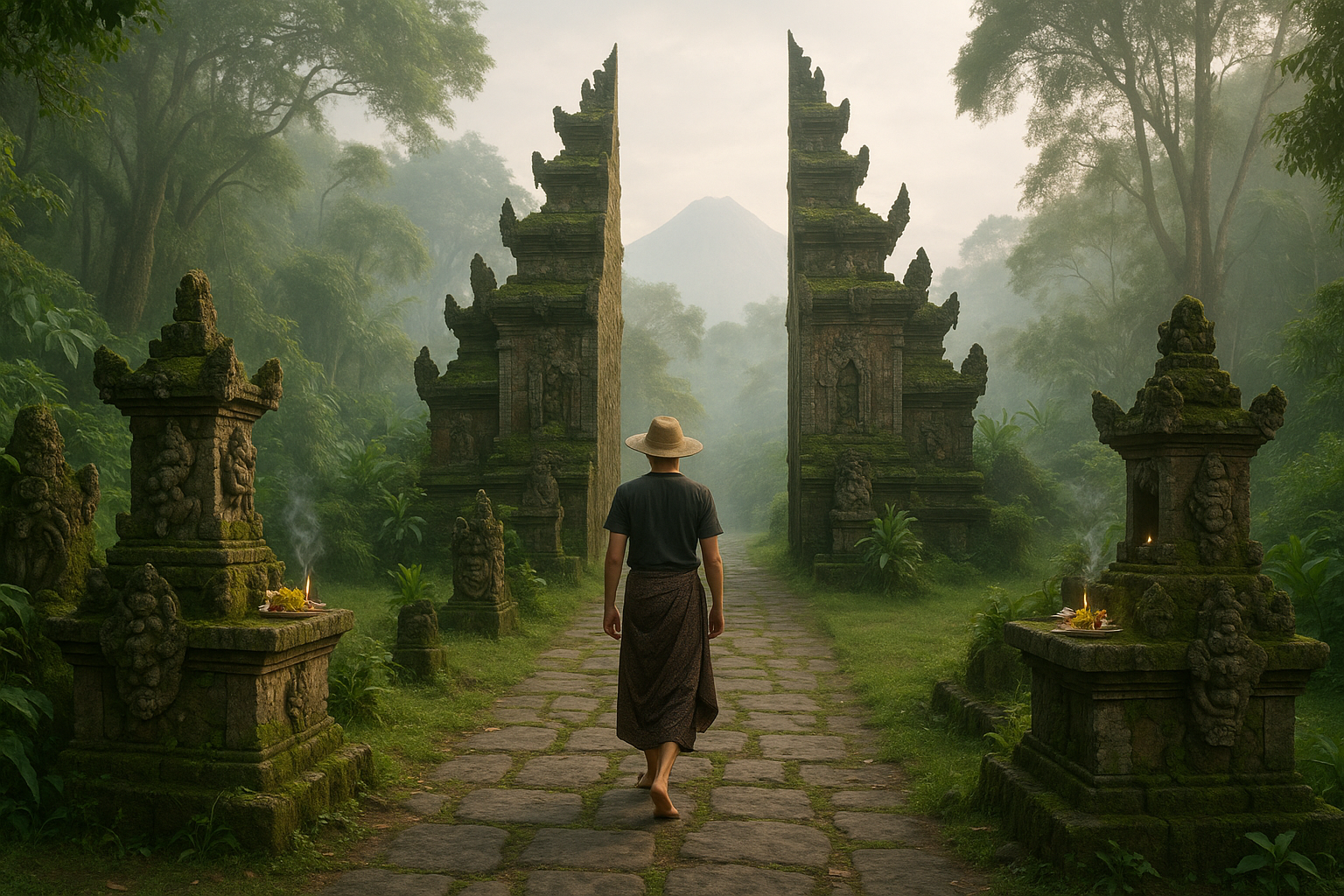 Traveler walking through an ancient jungle temple in Indonesia at sunrise with mossy stone carvings and traditional Balinese
