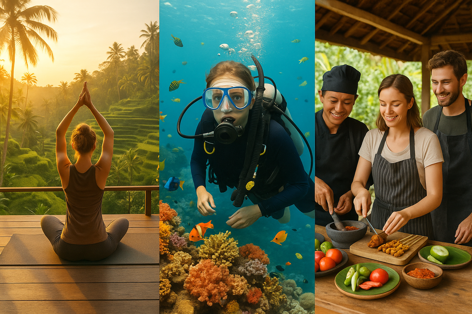 Collage of budget-friendly activities in Indonesia including yoga in Bali, scuba diving in the Gili Islands, and a local cook