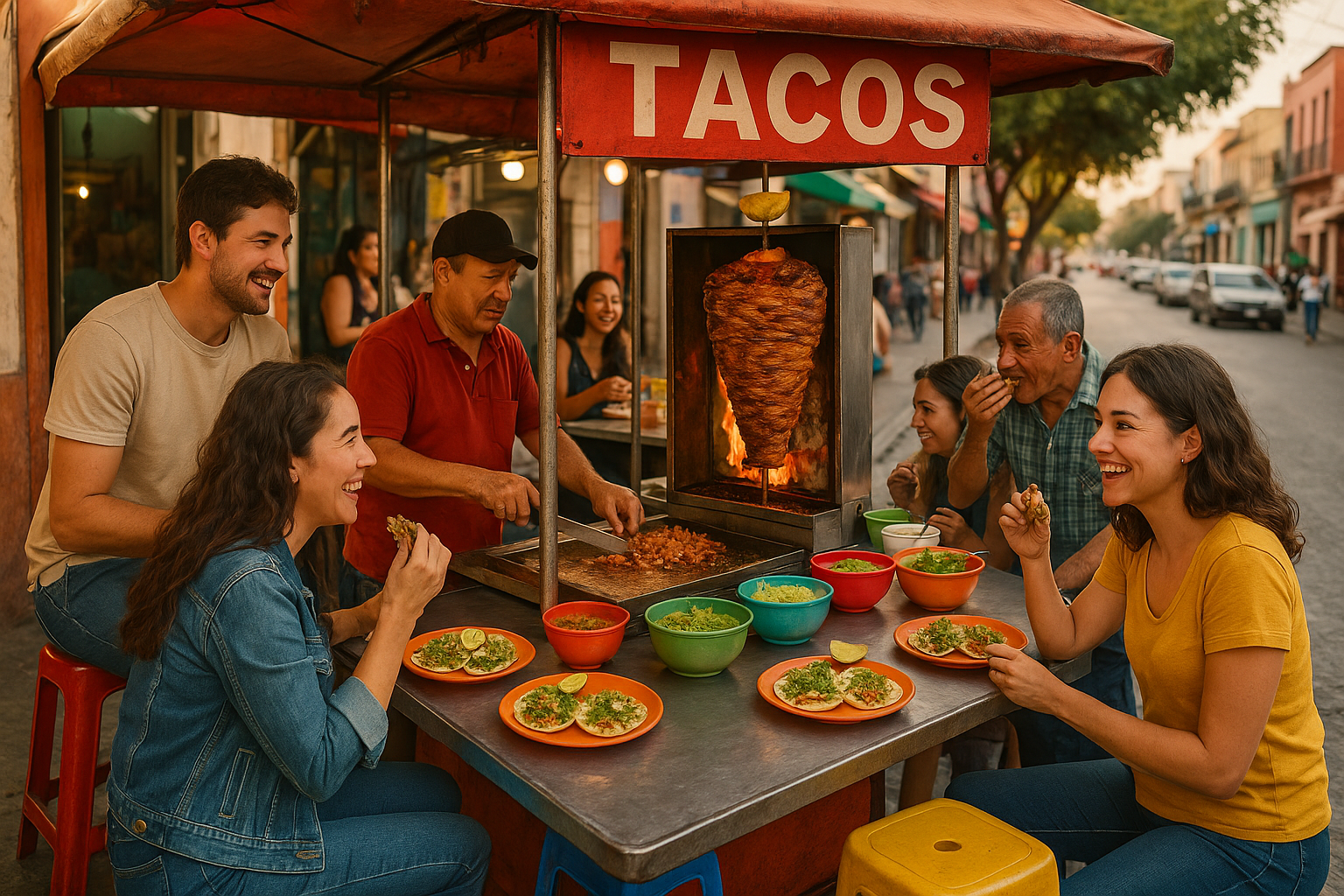 authentic Mexican street food stand serving tacos al pastor, with grilled meat on a vertical spit, fresh toppings, colorful p