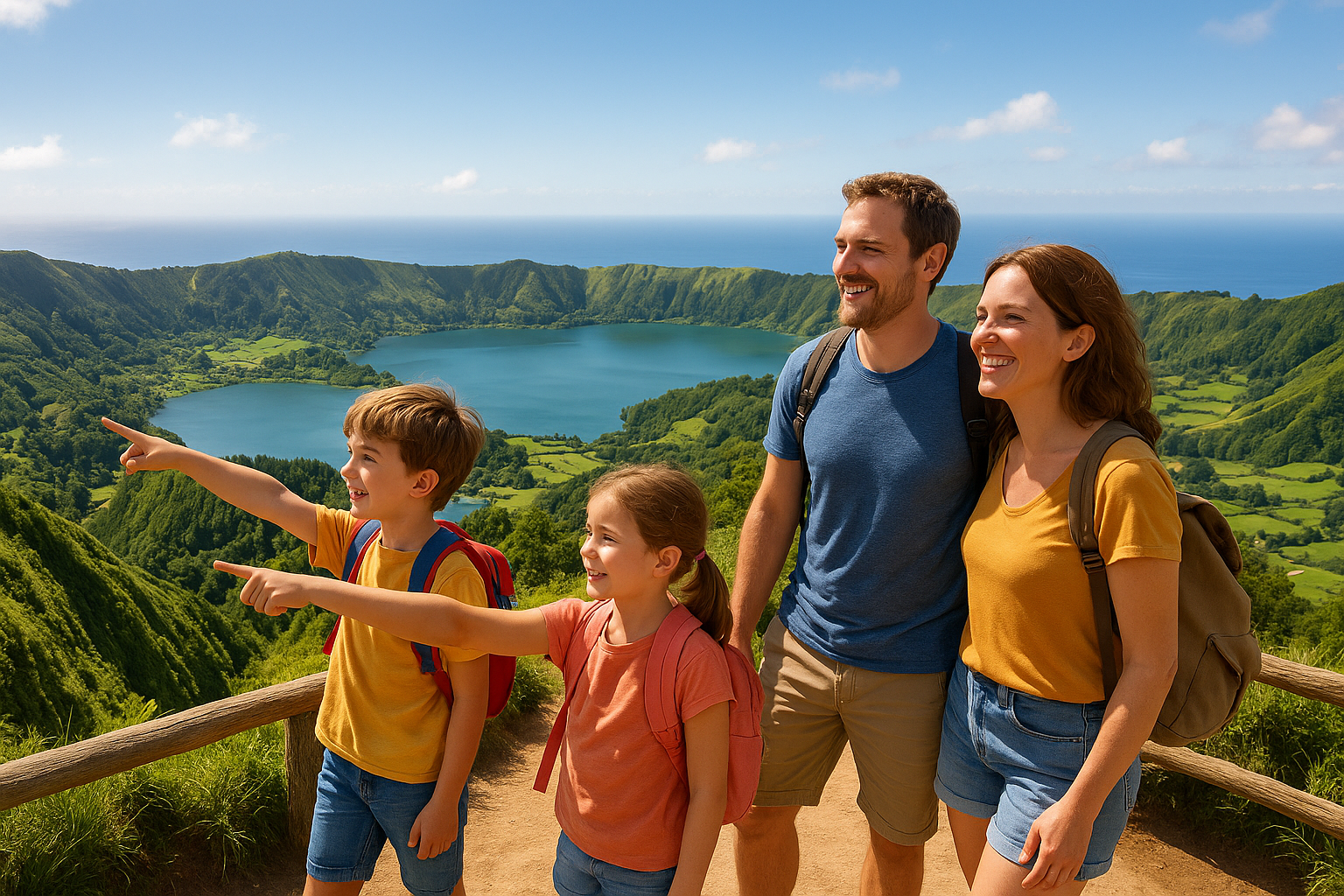 Family with kids enjoying the view over Sete Cidades crater lakes on São Miguel Island, Azores.