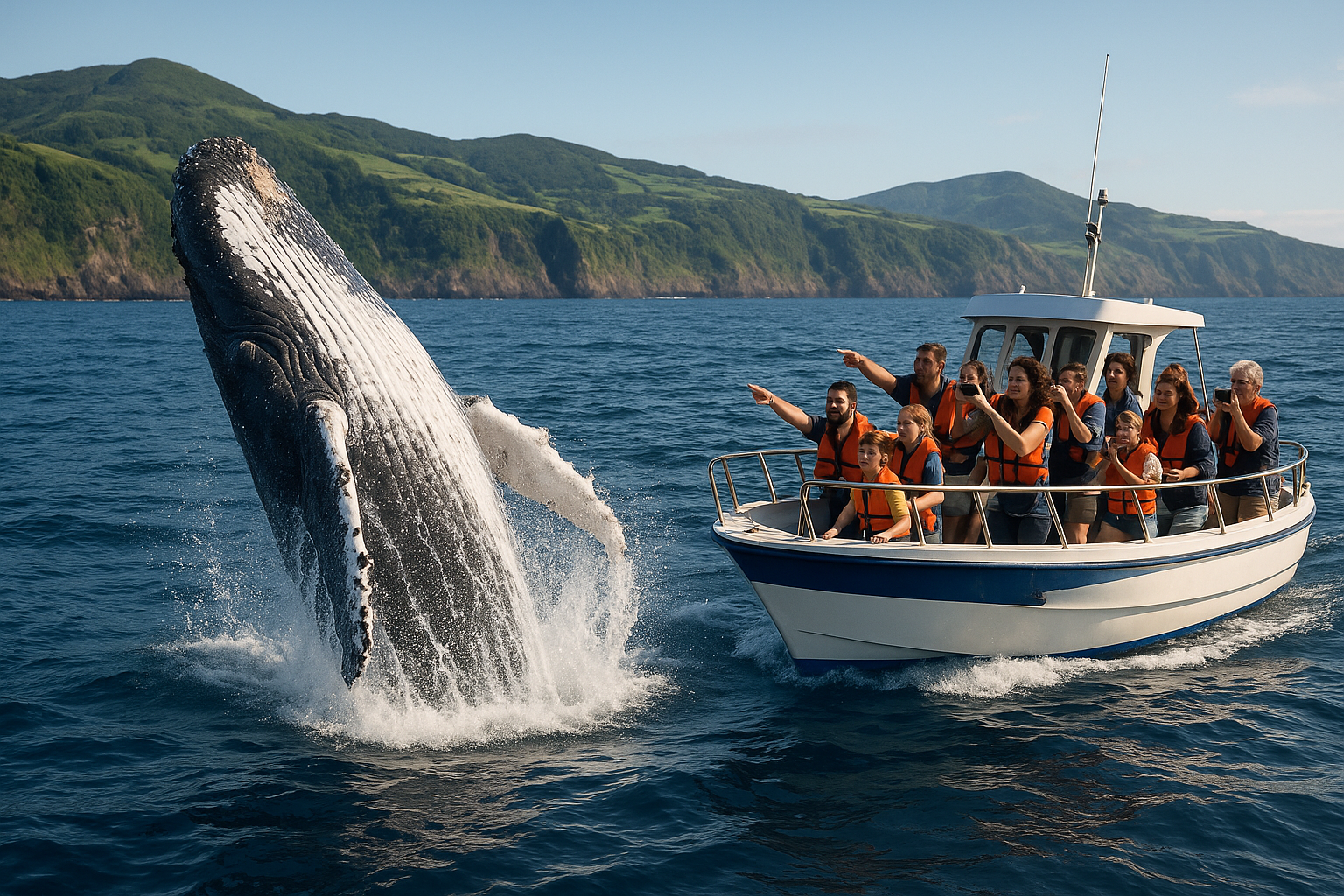 Family on a whale-watching boat near São Miguel, Azores, watching a humpback whale breach in the Atlantic.