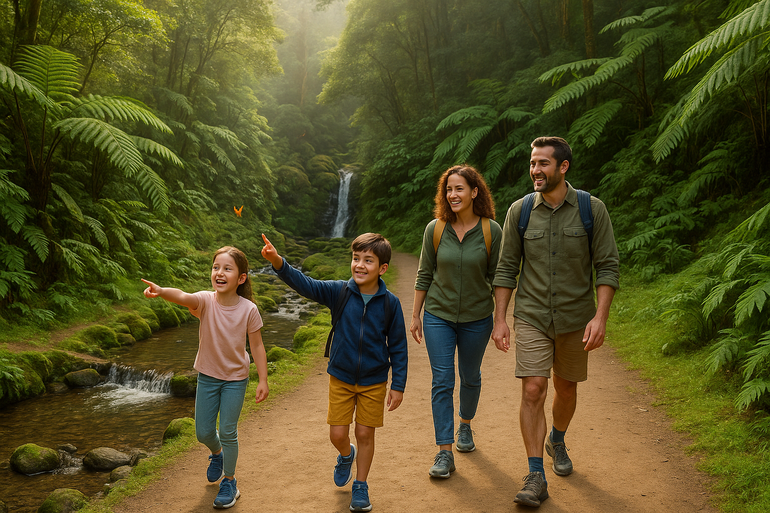 Family with young kids hiking an easy forest trail in the Azores with waterfalls, ferns, and soft light filtering through the