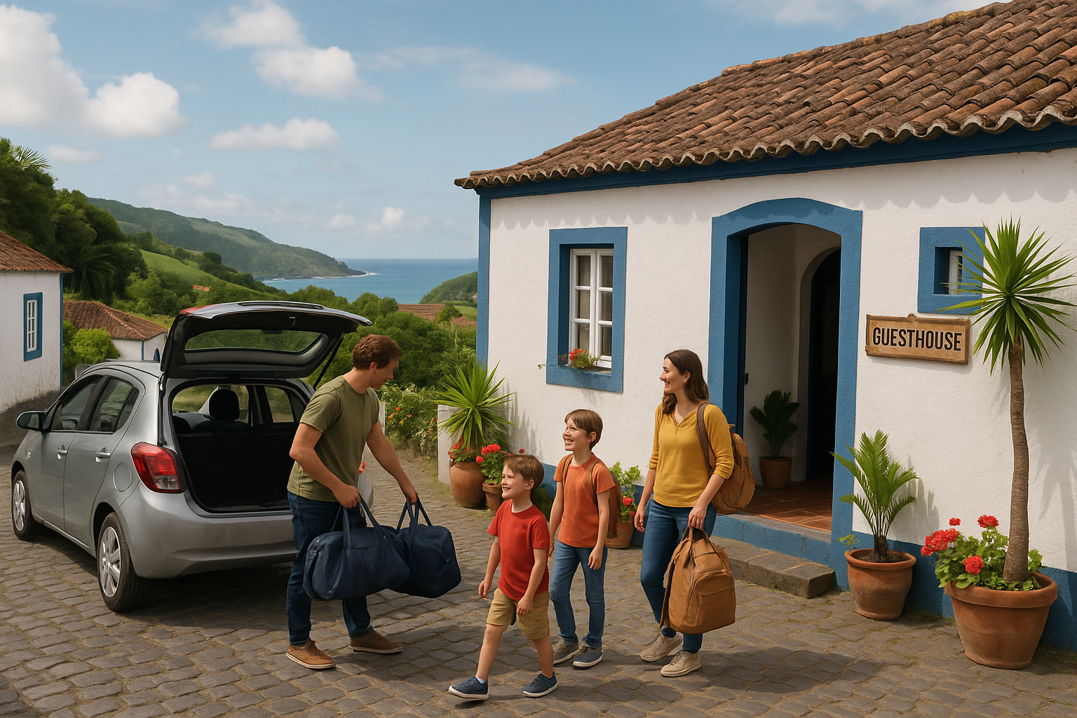 Family with children arriving at a cozy guesthouse on São Miguel Island, Azores, with ocean views and lush green hills in the