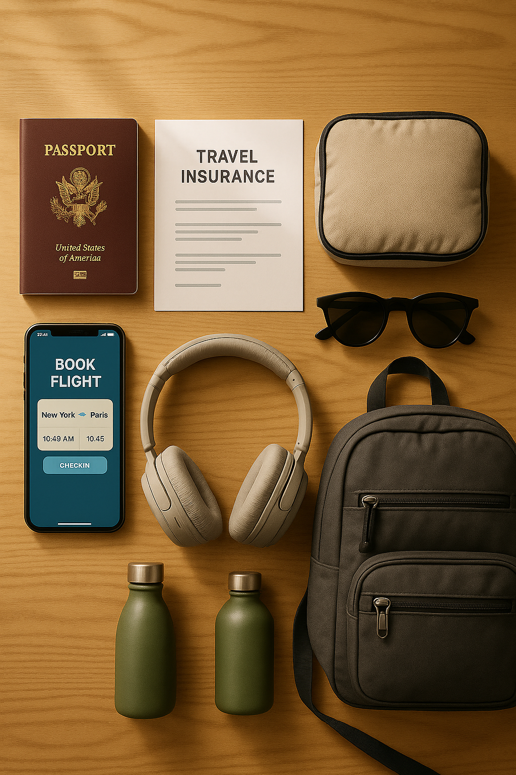Flat lay of travel essentials including a passport, travel insurance documents, smartphone with booking app, packing cubes, b