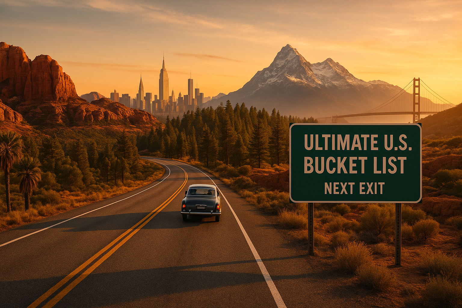 Photo-realistic American road trip scene at sunset featuring iconic U.S. landmarks like NYC skyline, red rocks of Sedona, and