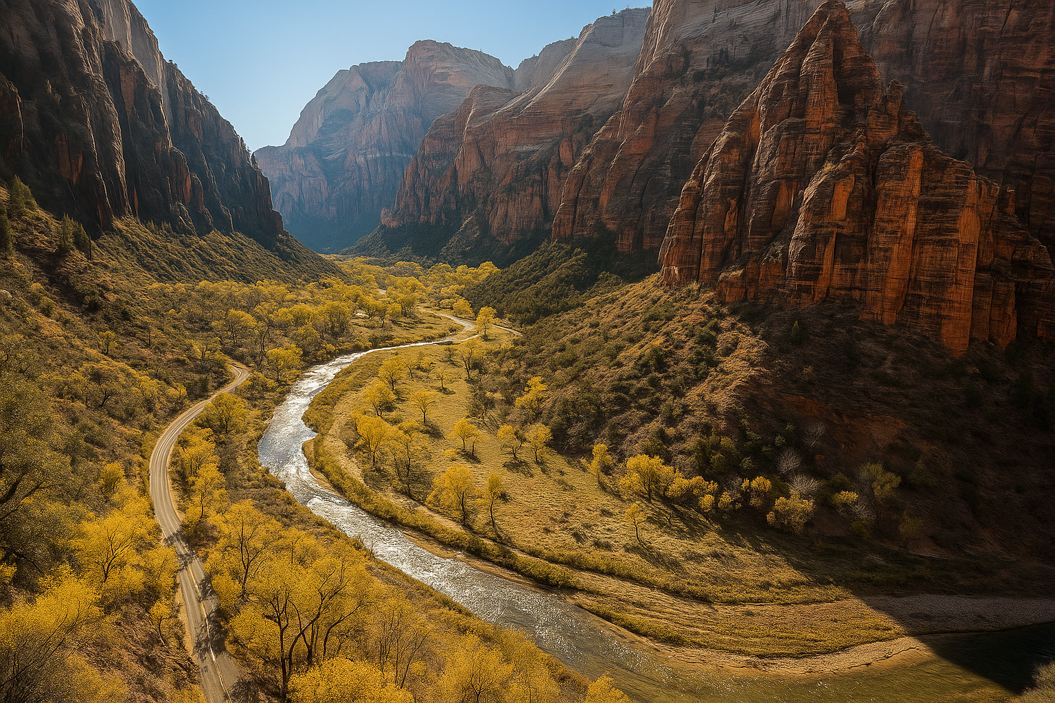 Scenic view of Zion National Park with a winding river, vibrant yellow trees, and towering red rock cliffs under a clear blue