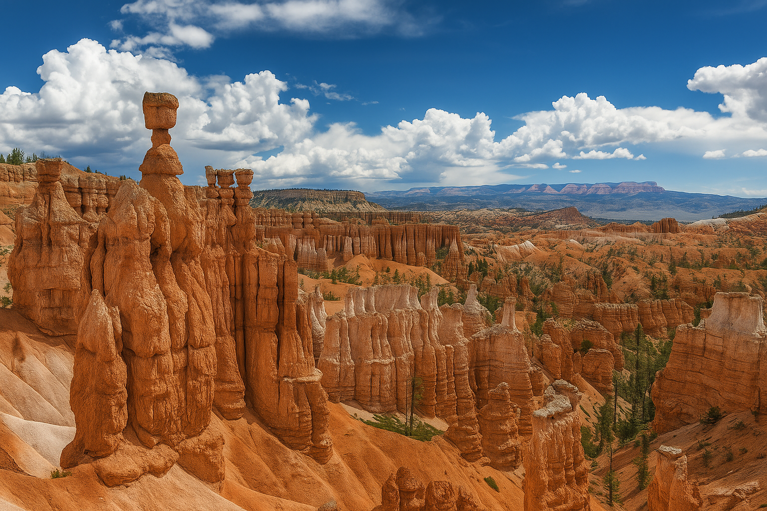 Stunning view of Bryce Canyon National Park with towering red rock hoodoos under a bright blue sky and dramatic white clouds