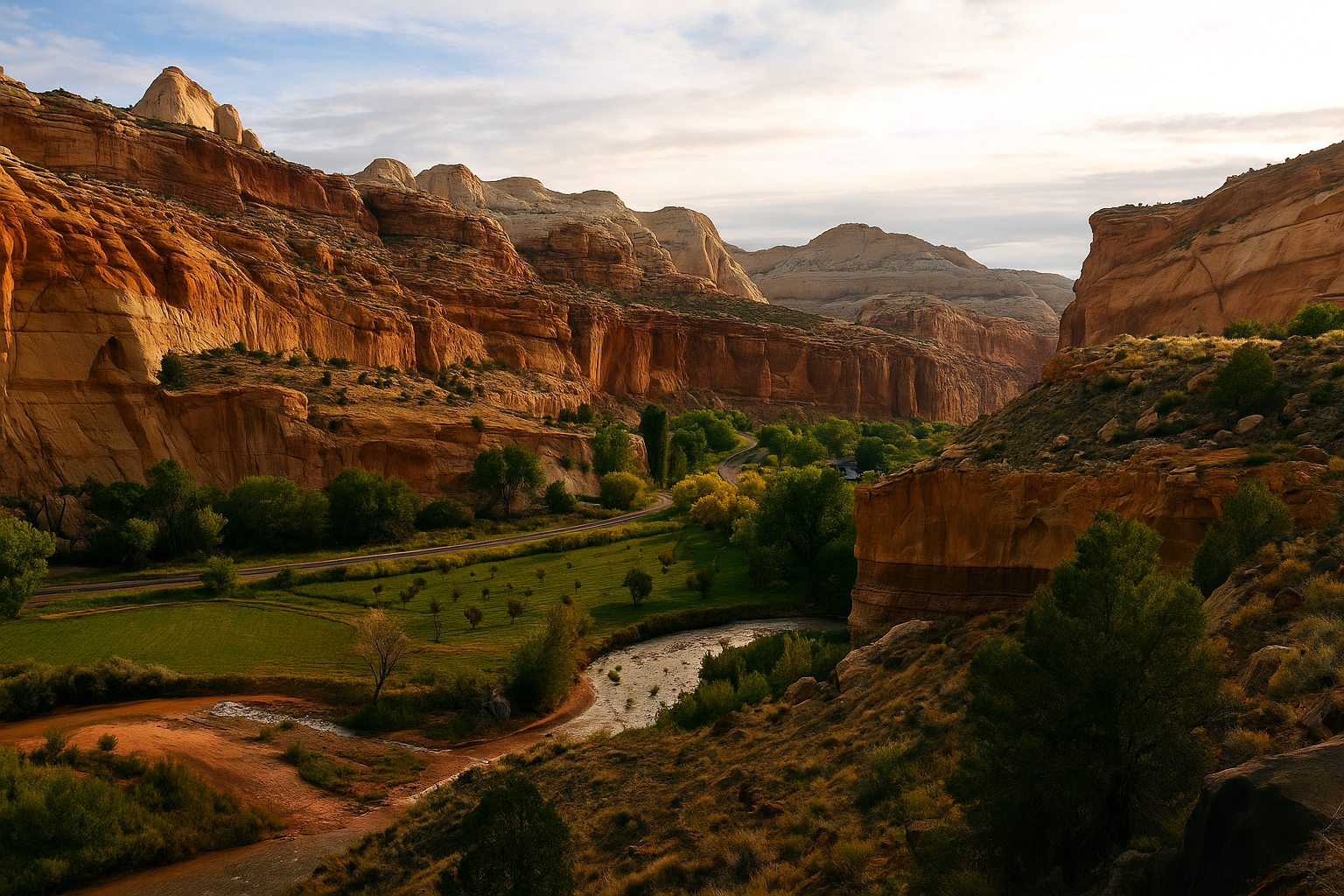 Peaceful landscape of Capitol Reef National Park with red rock cliffs, green orchards, and a winding river under soft evening