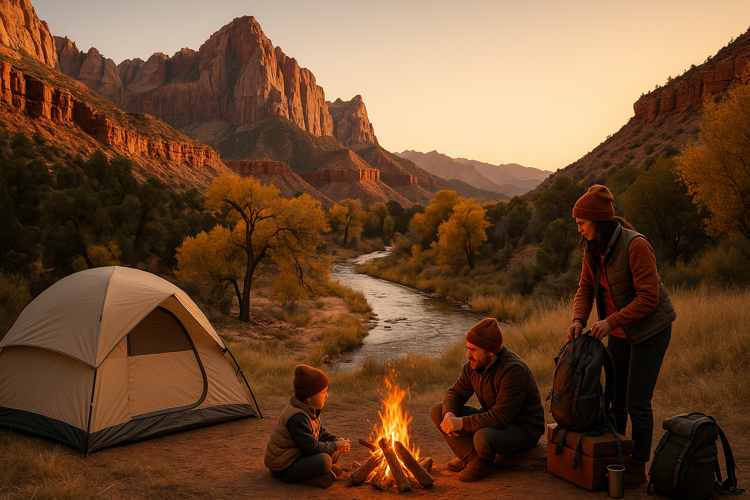 A family camping at Zion National Park, with a tent set near red rock cliffs, a father and child sit