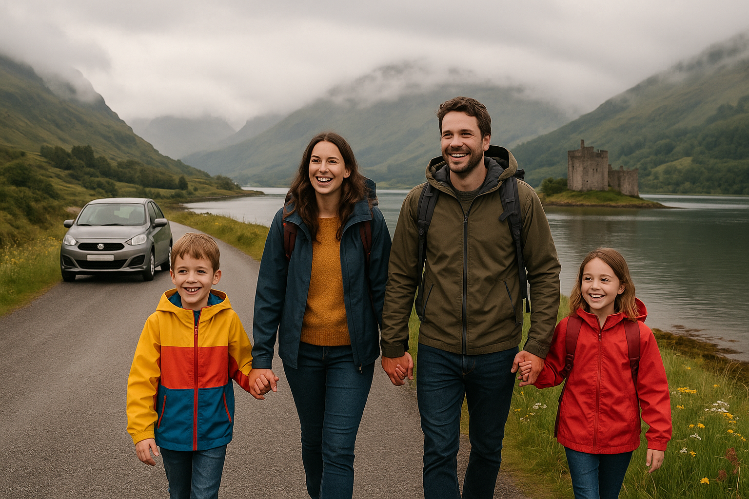 Family walking along a scenic road in the Scottish Highlands with misty mountains, a castle in the distance, and a loch nearb