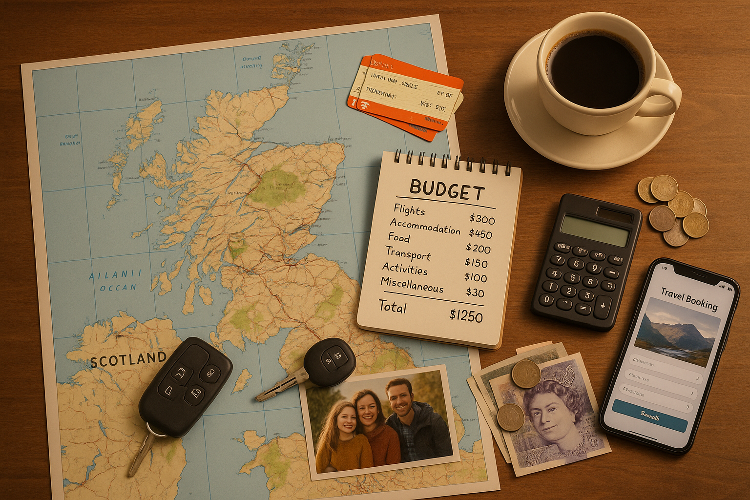 Flat lay of travel planning items including a map of Scotland, budget notepad, calculator, car keys, train tickets, coins, an