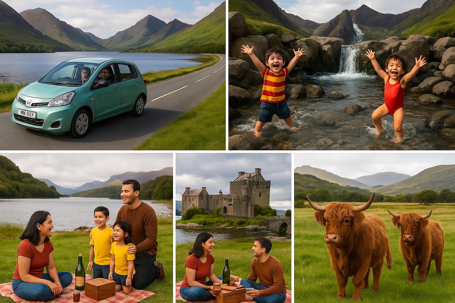 Collage of a family road trip through the Scottish Highlands featuring a car by a loch, kids at the Fairy Pools, a castle vis