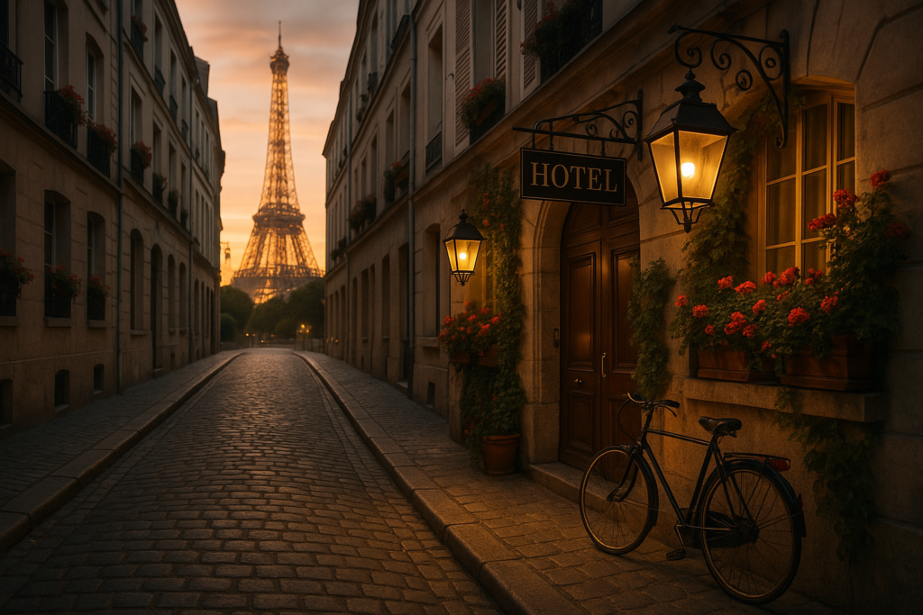 Paris boutique hotel entrance along a flower-lined street