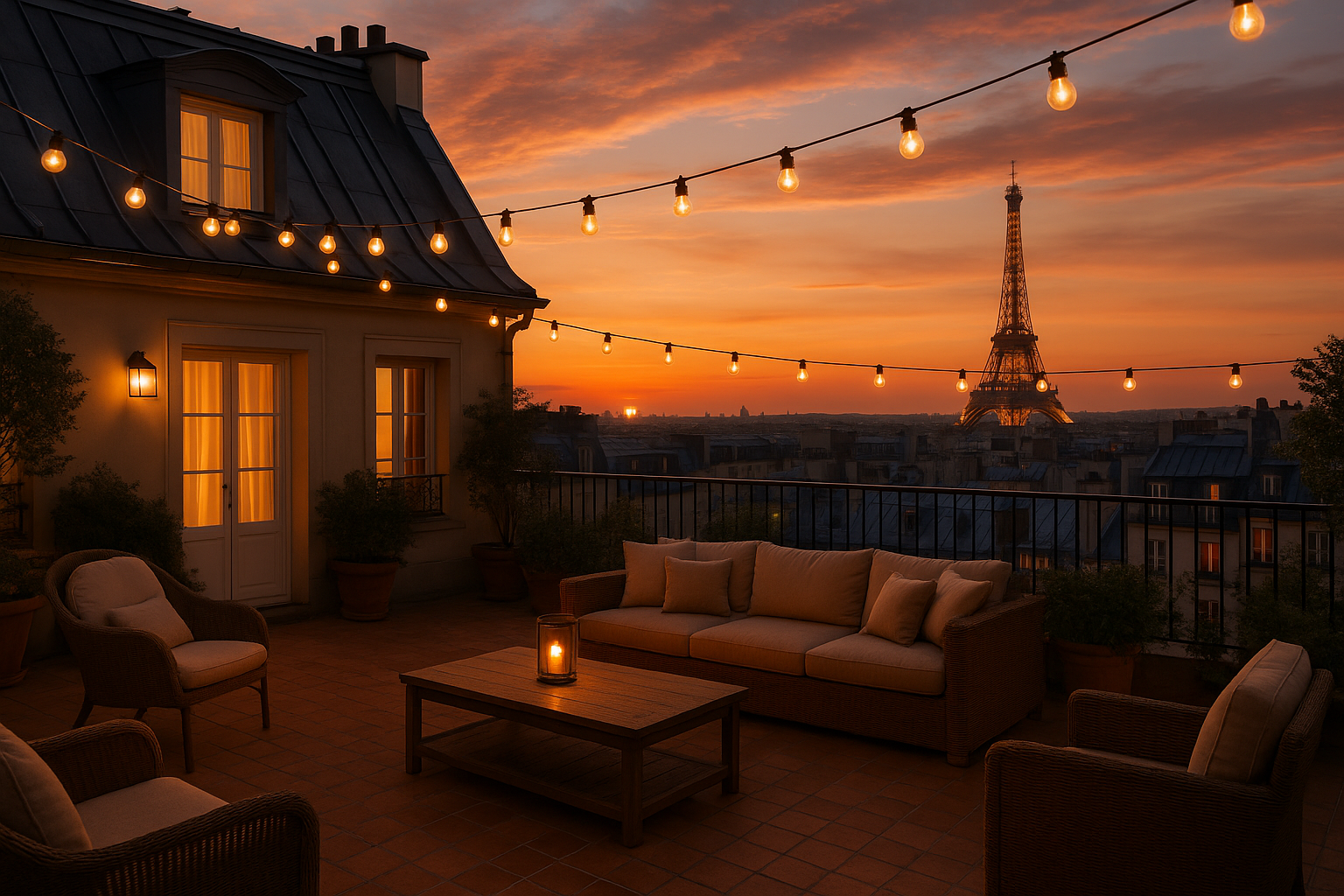 Rooftop lounge of a Paris boutique hotel at sunset with string lights and a view of the Eiffel Tower in the background.
