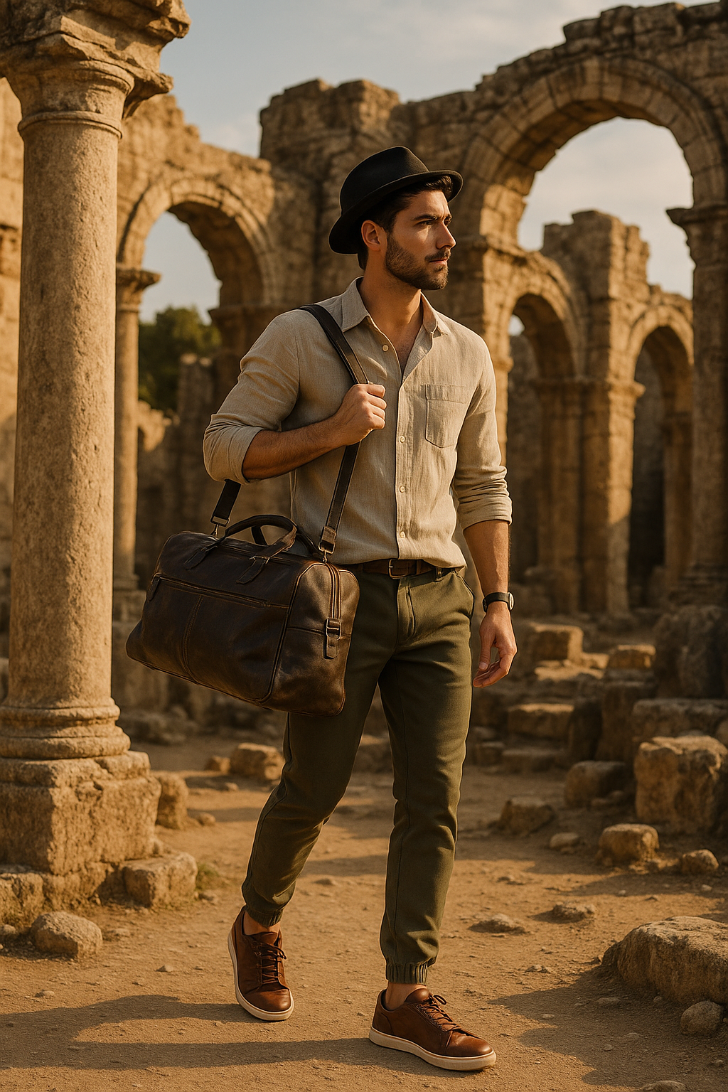 A stylish male traveler explores ancient ruins under a soft, golden afternoon light.