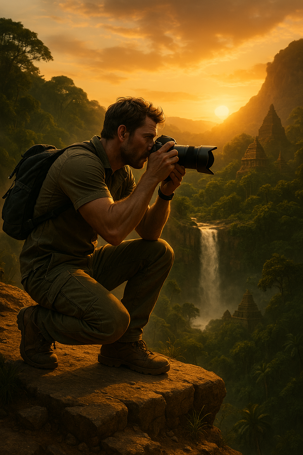 A rugged male traveler in his 30s, wearing a breathable tech shirt, cargo pants, and hiking boots, is crouched on a cliffside