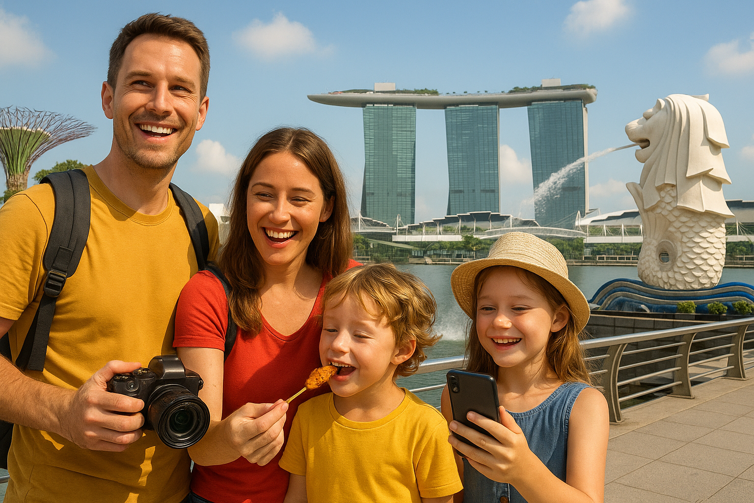 Family with kids exploring Singapore landmarks like Marina Bay Sands, Supertree Grove, and the Merlion on a sunny day, enjoyi