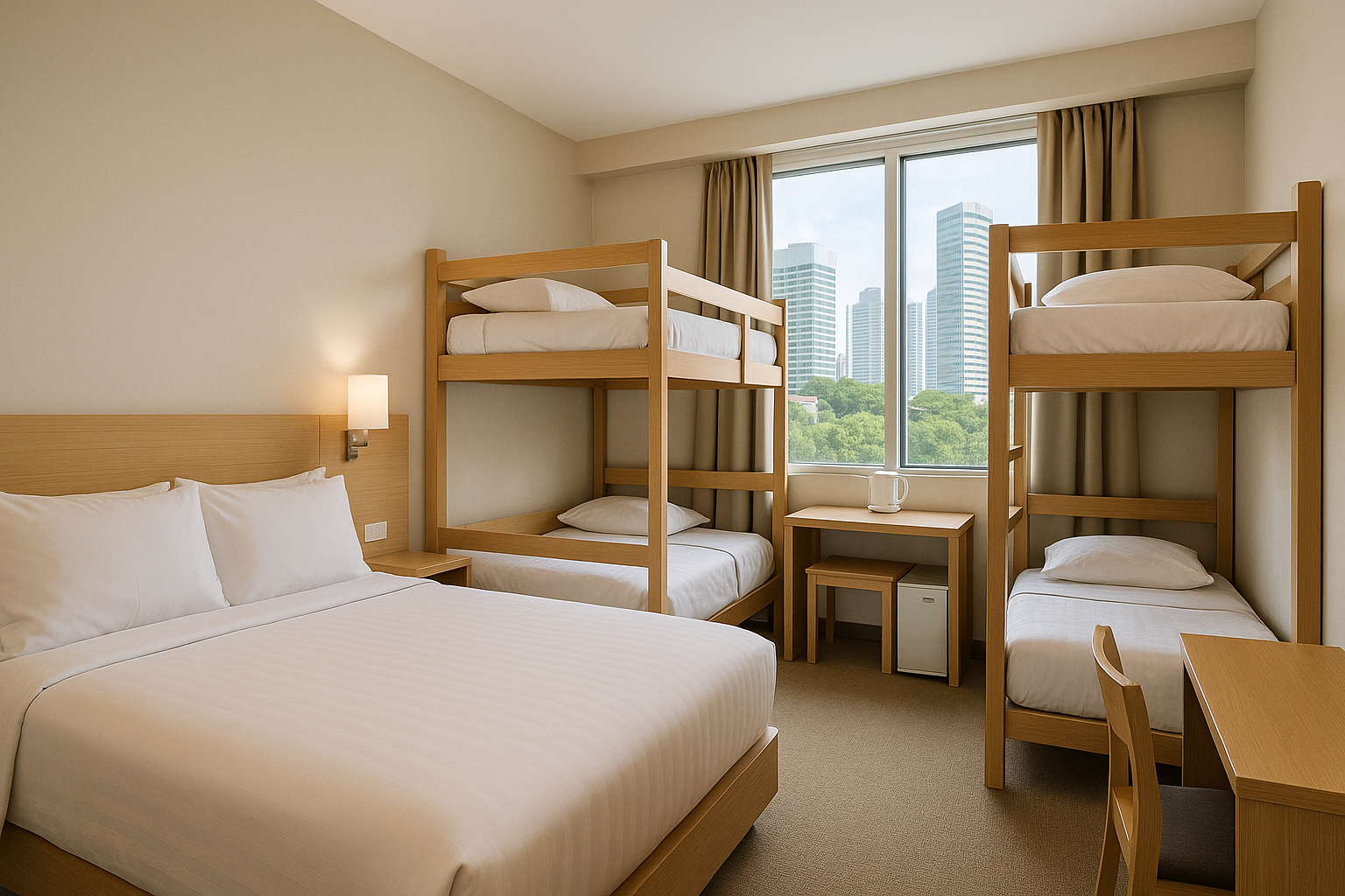Family-friendly budget hotel room in Singapore with a queen bed, twin beds, modern decor, and city view