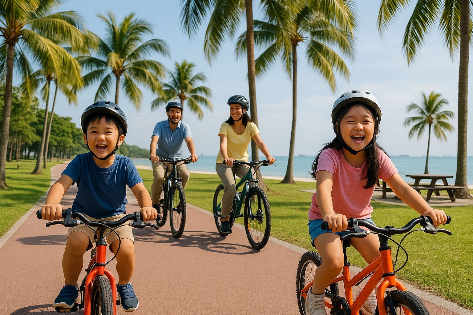 Family with kids biking and playing by the beach at East Coast Park in Singapore on a sunny day
