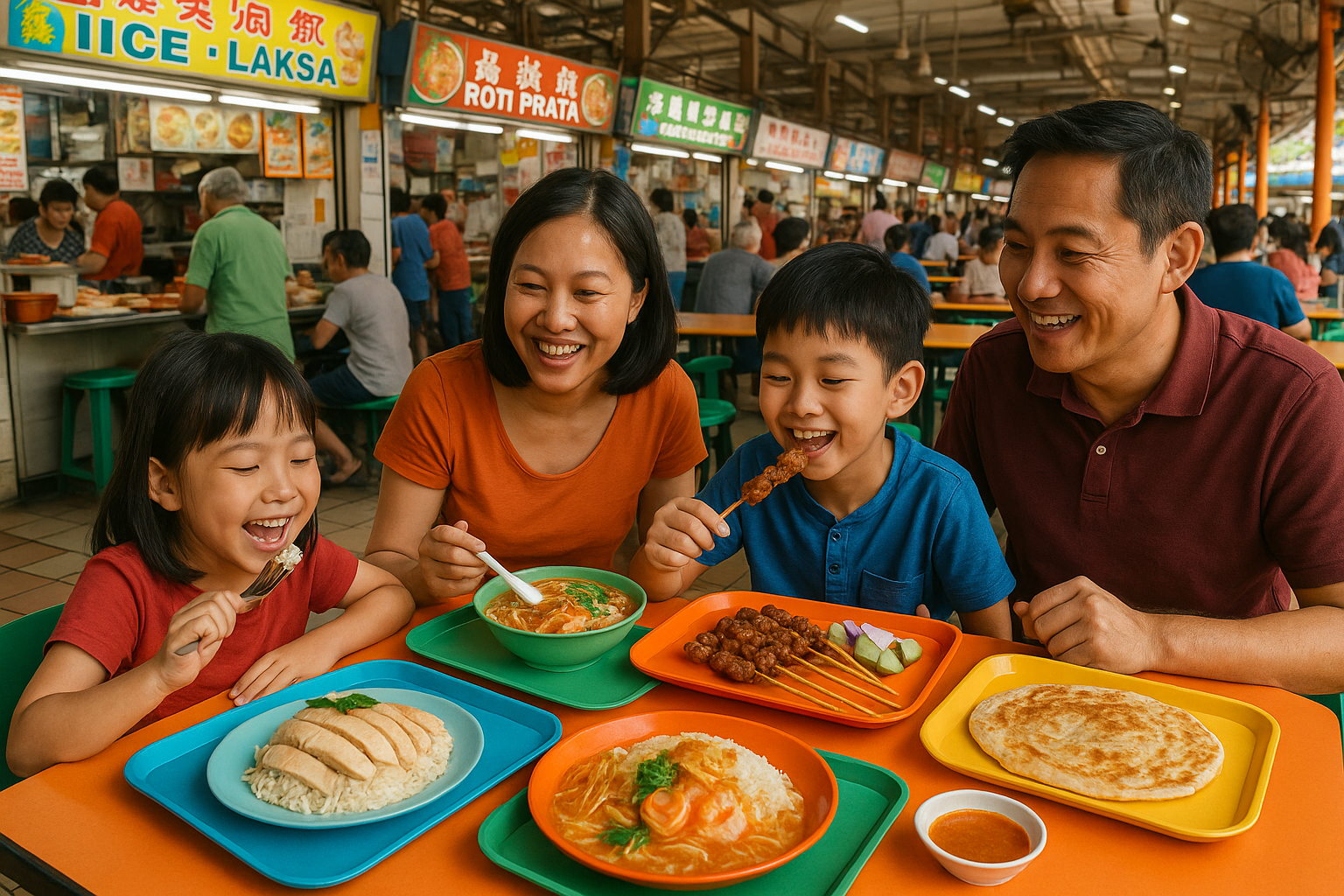 Family enjoying authentic Singaporean dishes like chicken rice and satay at a local hawker center