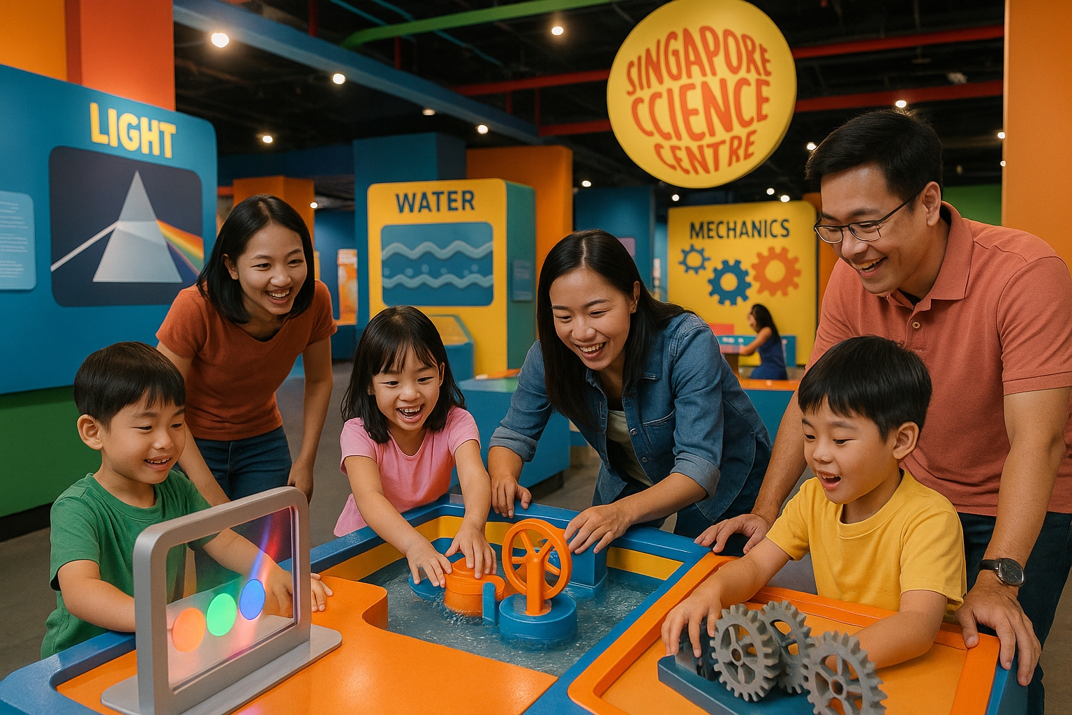 Kids interacting with hands-on science exhibits at the Singapore Science Centre in a fun, educational setting