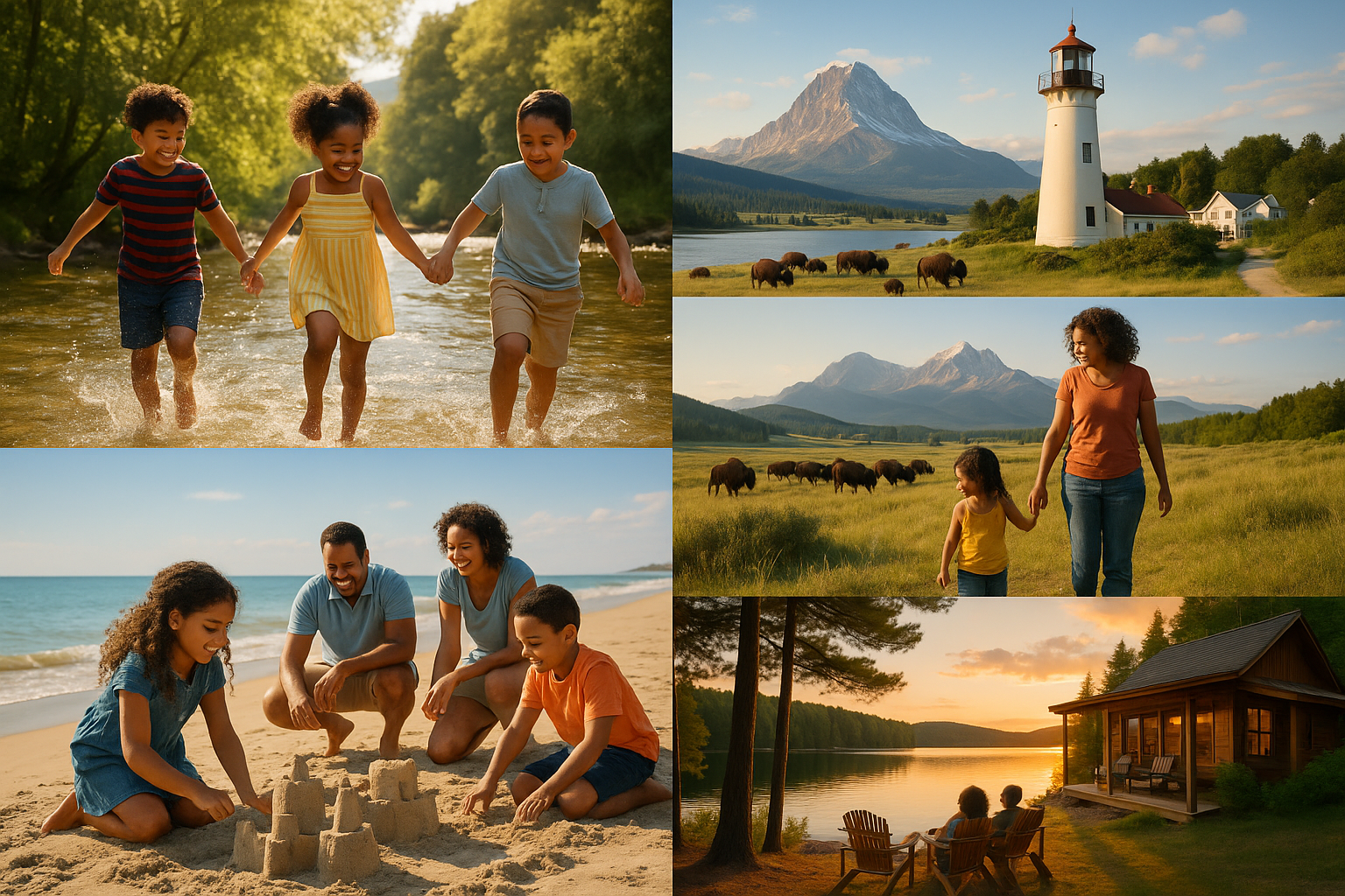Diverse American family vacation scenes including a river swim, mountain wildlife, quiet beach, coastal lighthouse, and lakes