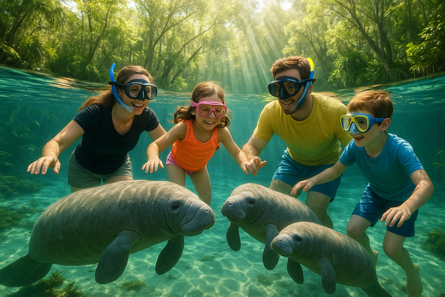 Family snorkeling with manatees in the clear waters of Crystal River, Florida, surrounded by lush greenery and sunlight filte