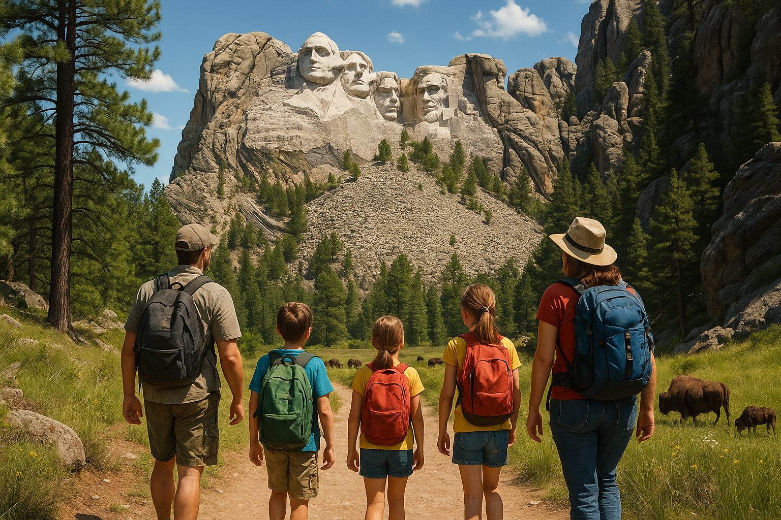 Family hiking in the Black Hills of South Dakota with Mount Rushmore in the background and bison grazing in a distant meadow
