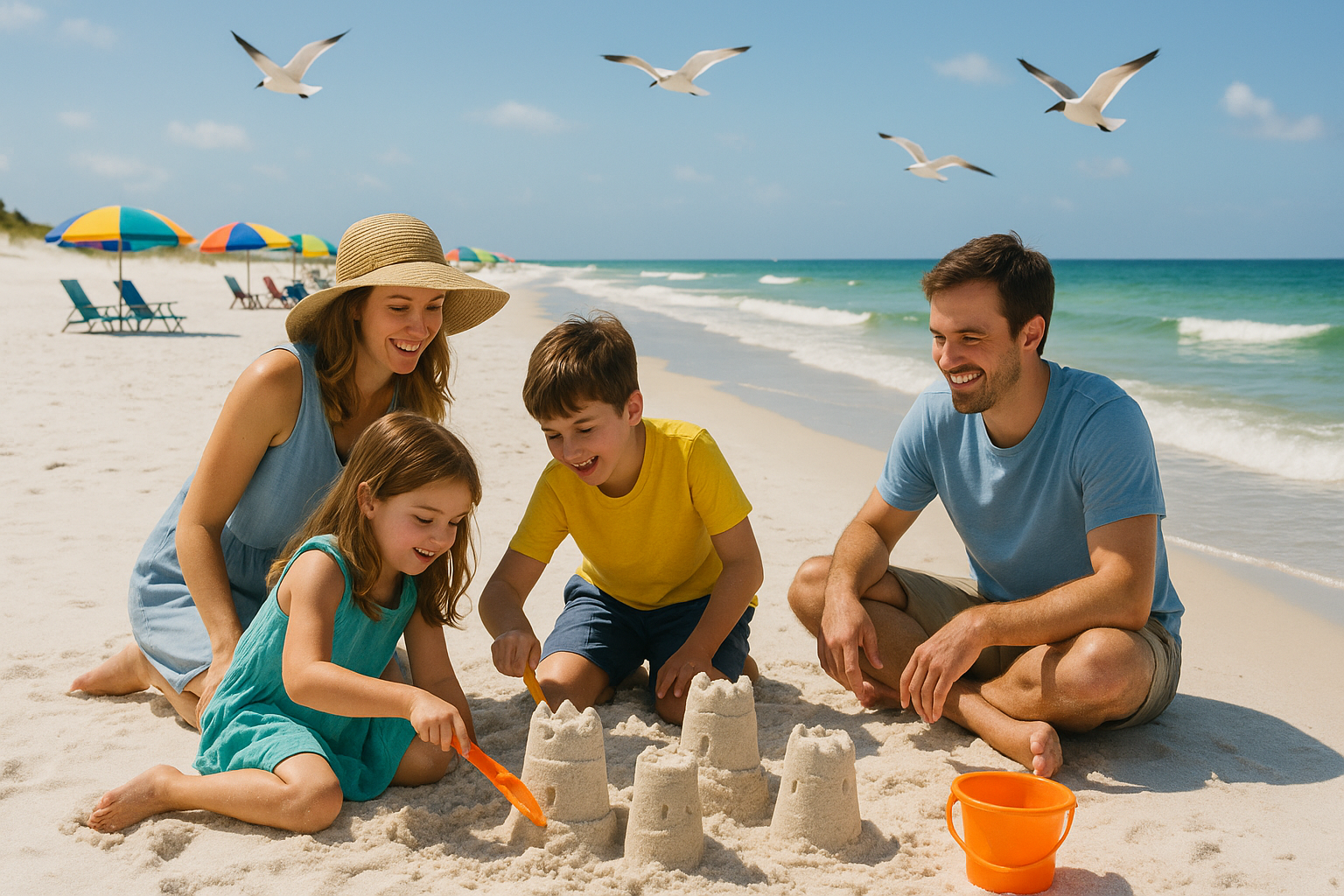 Family enjoying a quiet white-sand beach in Gulf Shores, Alabama, with kids building sandcastles and ocean waves in the backg