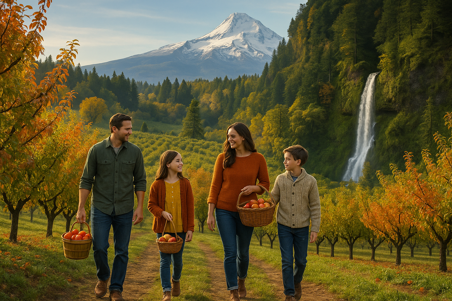 Family picking fruit in an orchard near Hood River, Oregon with Mount Hood and a nearby waterfall in the background