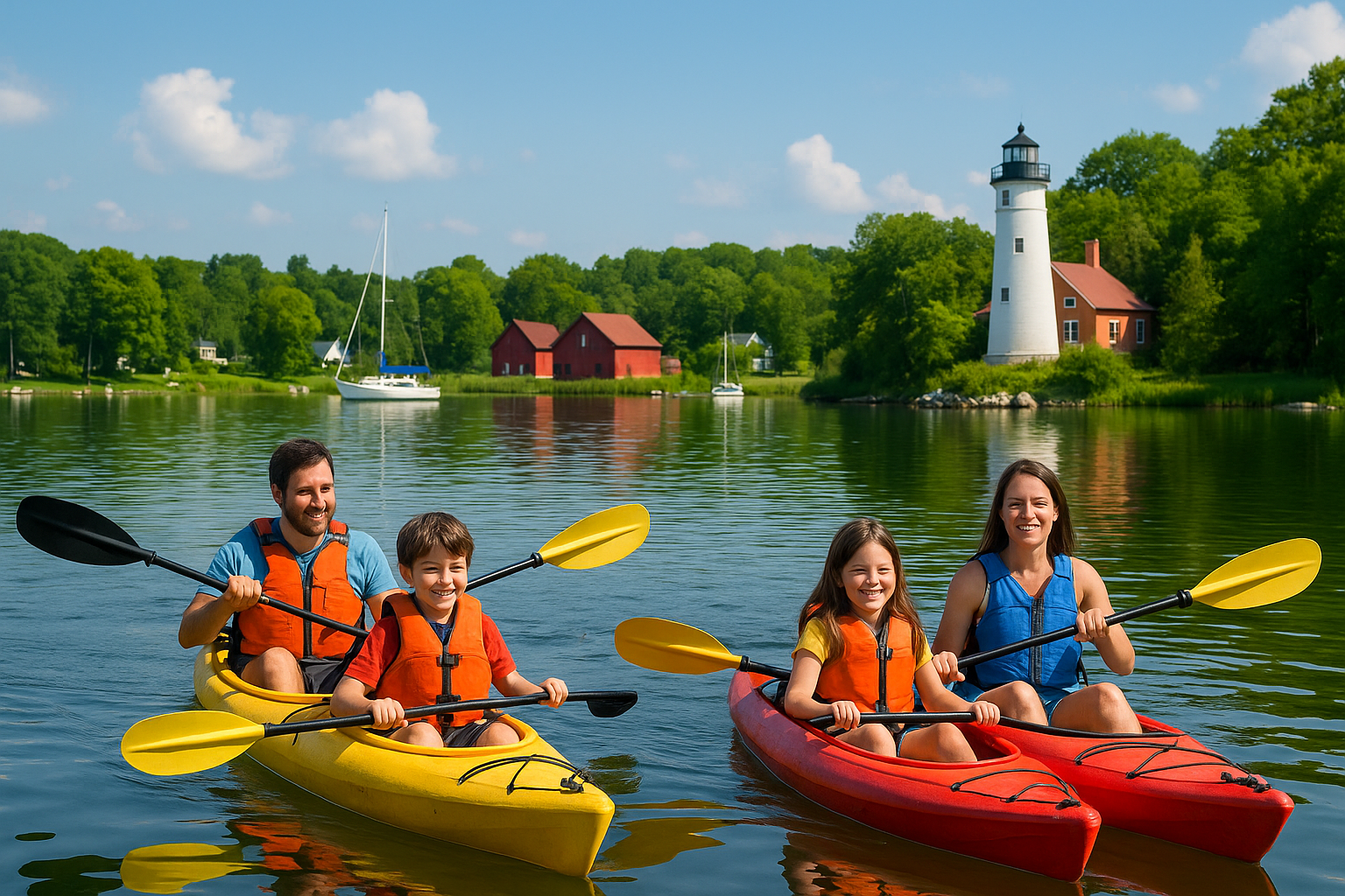 Family kayaking on a calm lake in Door County, Wisconsin, with a lighthouse and sailboats in the background on a sunny summer