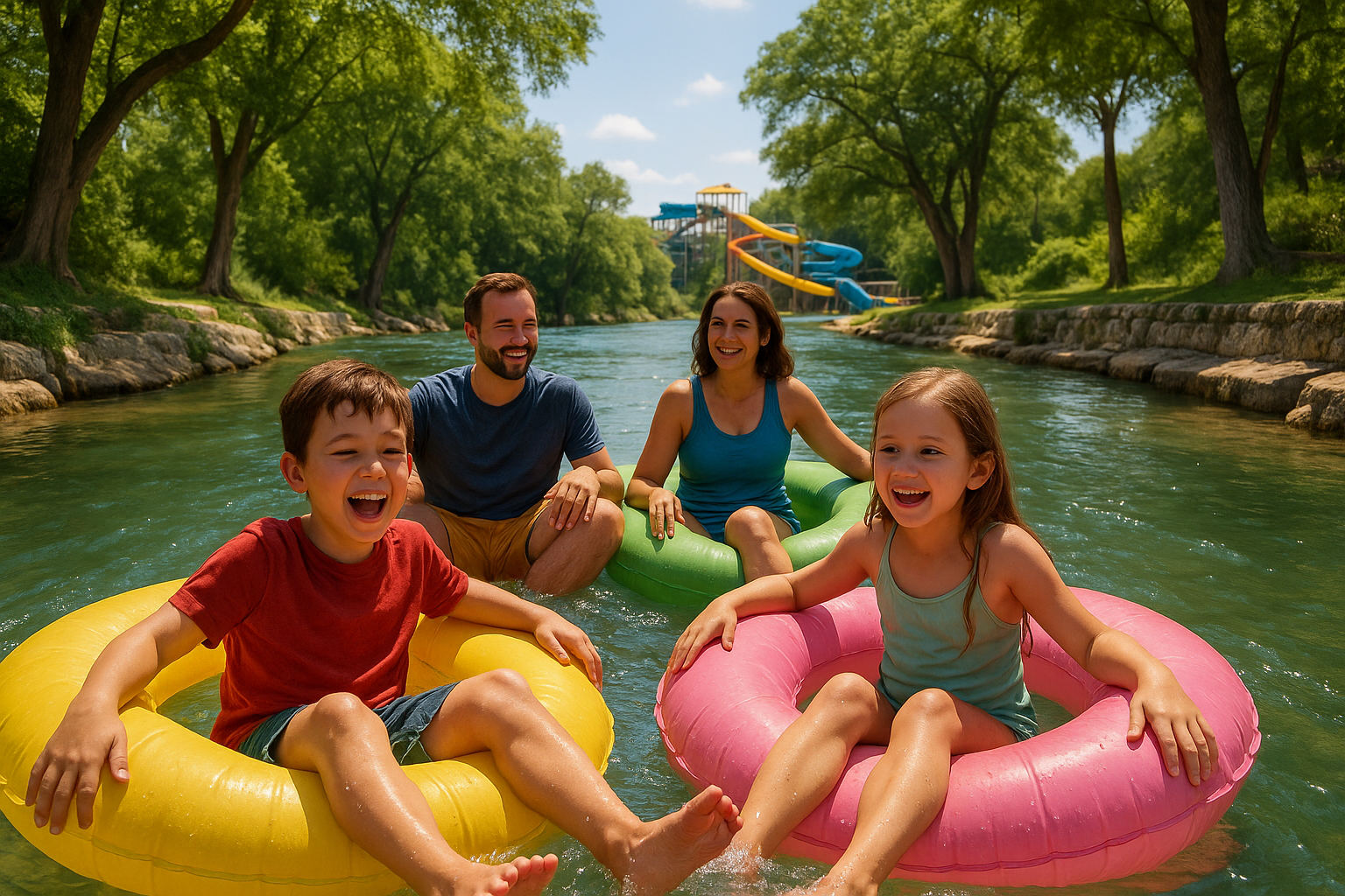 Family tubing down a lazy river in New Braunfels, Texas, with kids laughing and water park slides in the background on a sunn