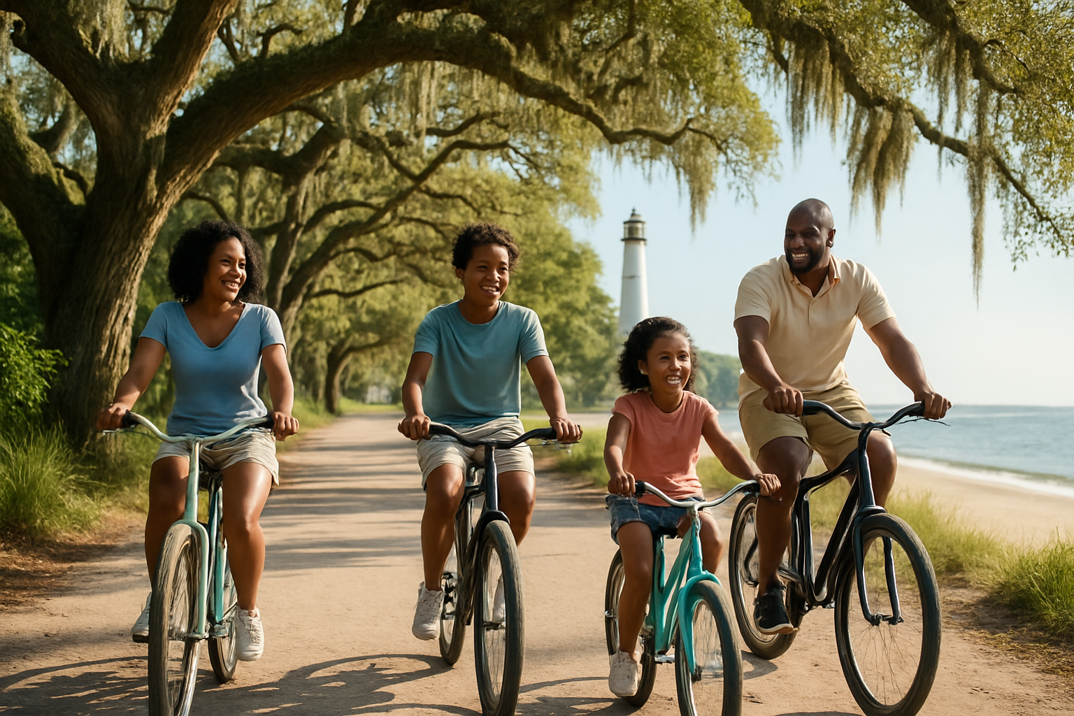 African American family biking along a tree-lined coastal path on St. Simons Island, Georgia, with mossy oaks and a lighthous