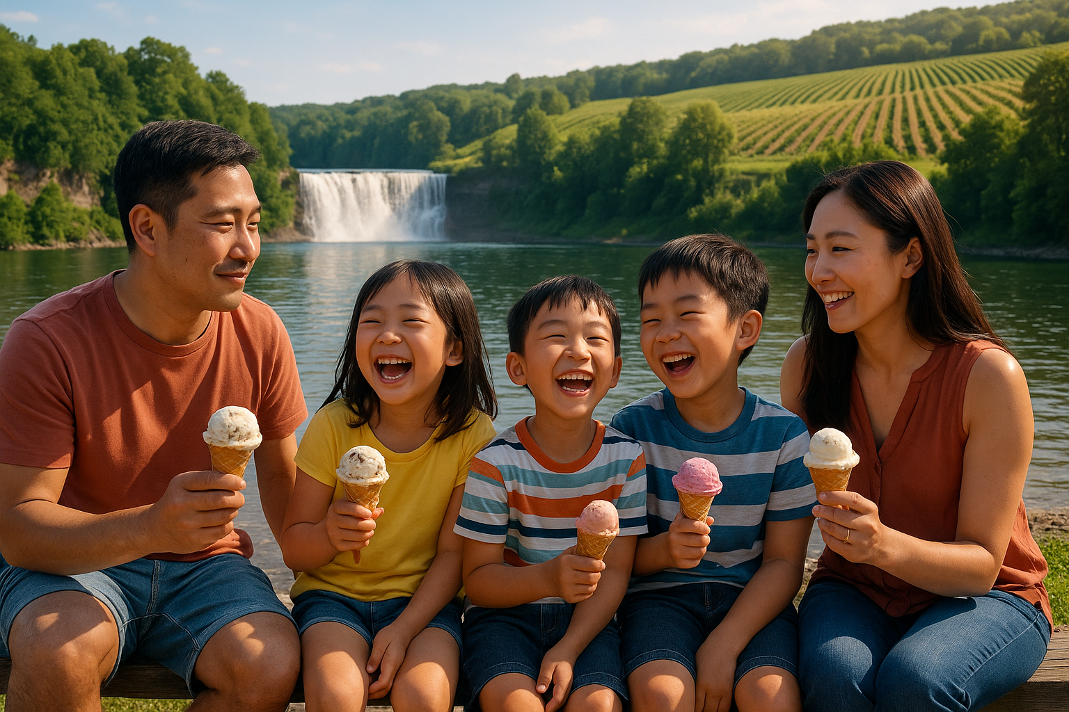 Family enjoying ice cream by a lake in the Finger Lakes, New York, with a nearby waterfall and vineyards in the background on