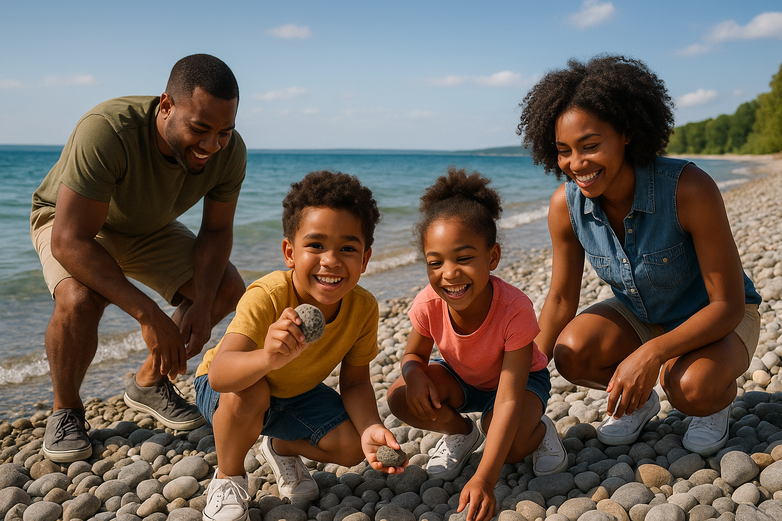 African American family searching for Petoskey stones on a rocky beach in Petoskey, Michigan, with clear lake water and a sun