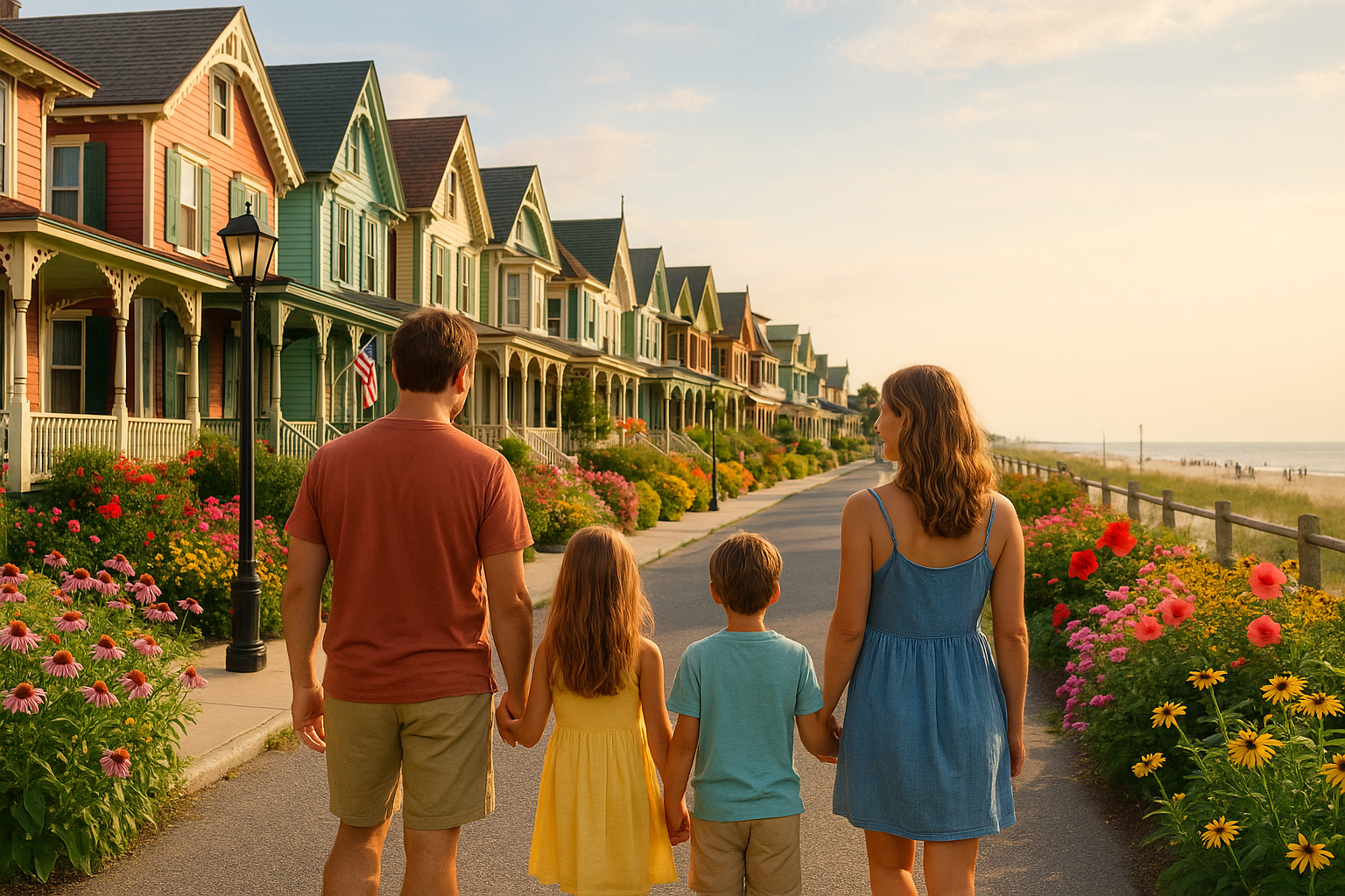 Family walking past colorful Victorian houses in Cape May, New Jersey, with blooming flowers and the beach nearby on a sunny