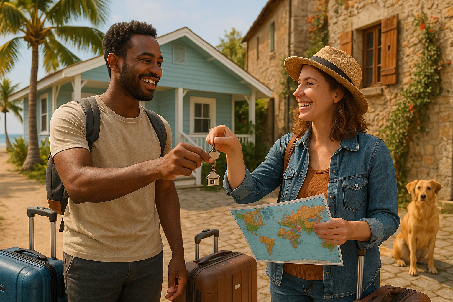 Two travelers exchanging house keys in front of different styled homes—one tropical and one European—symbolizing a home swap.