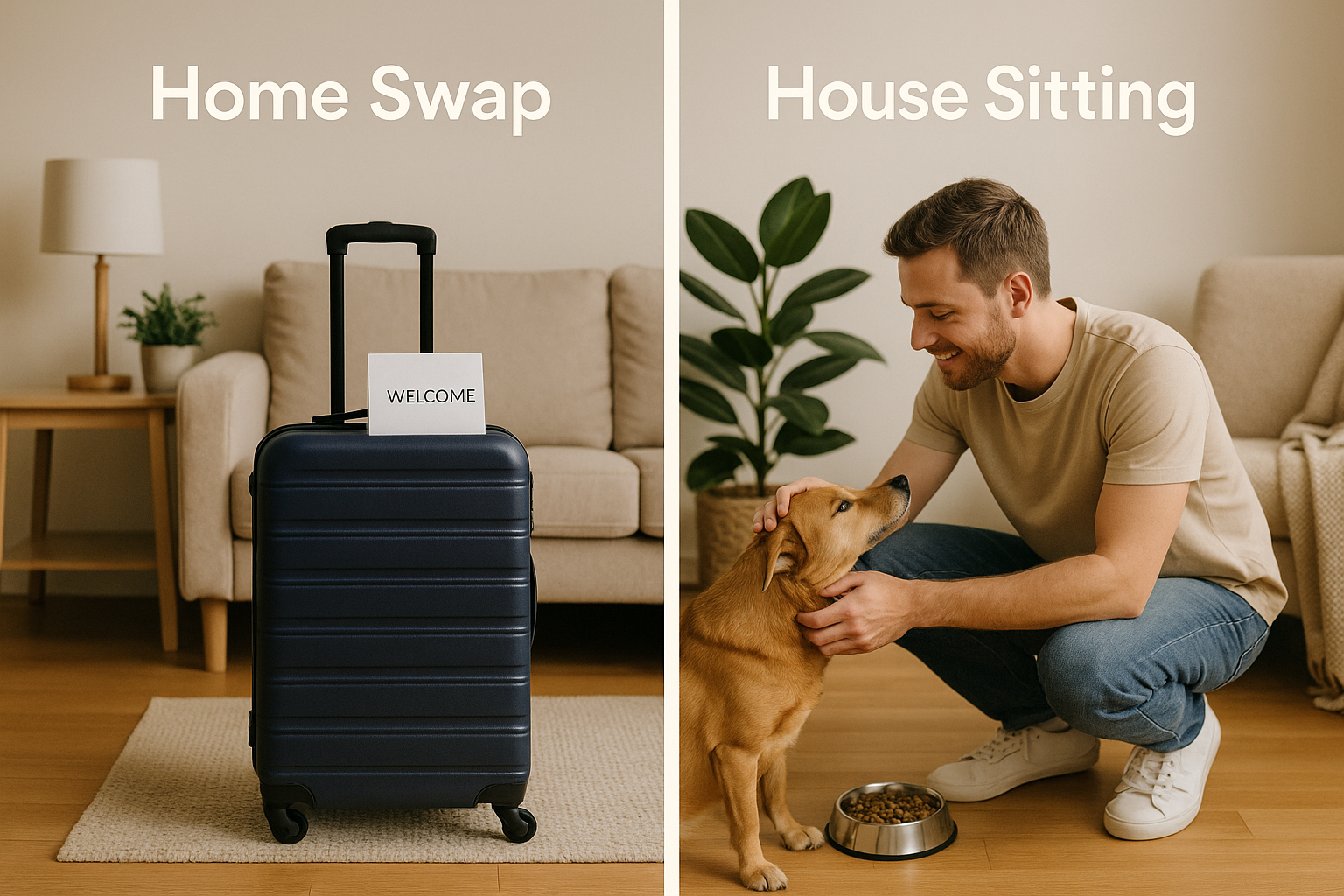 Split-screen showing the difference between home exchange and house sitting: one side features a suitcase in a clean living r