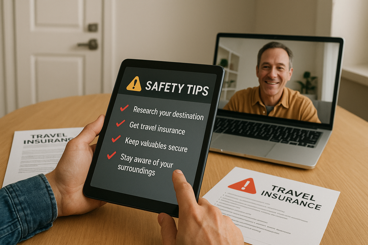 Traveler reviewing a safety checklist on a tablet with a locked door, insurance documents, and a video call with a host in th