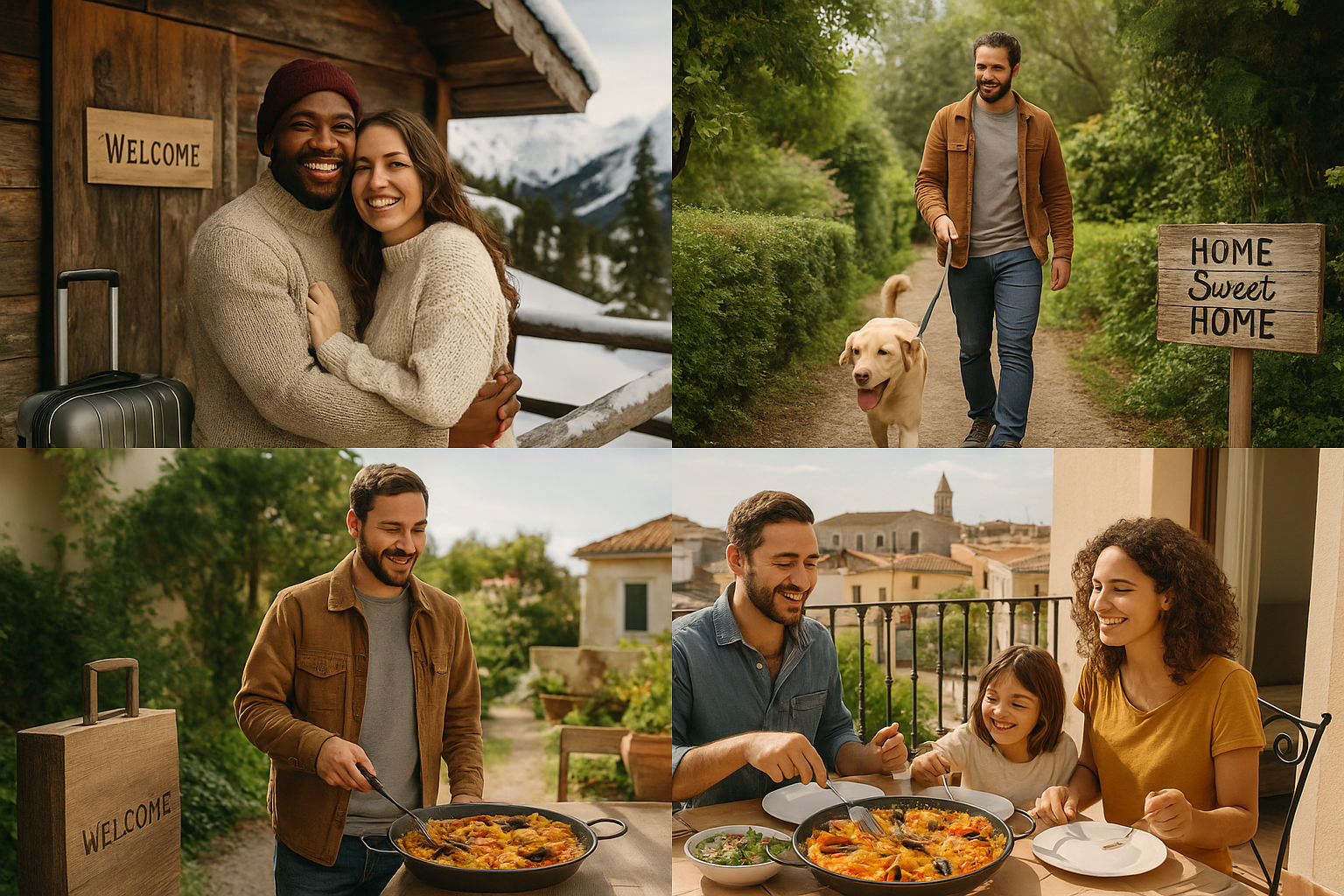 Collage of real-life home swap stories: a couple in a snowy cabin, a solo traveler walking a dog in a garden, and a family di