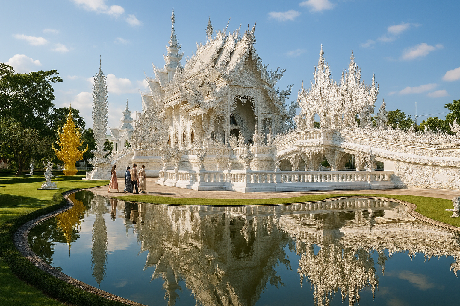 Chiang Rai’s White Temple (Wat Rong Khun) with intricate white architecture and mirrored mosaics reflecting in a peaceful pon