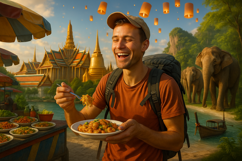 Collage of backpacking, temples, food stalls and beaches in Thailand