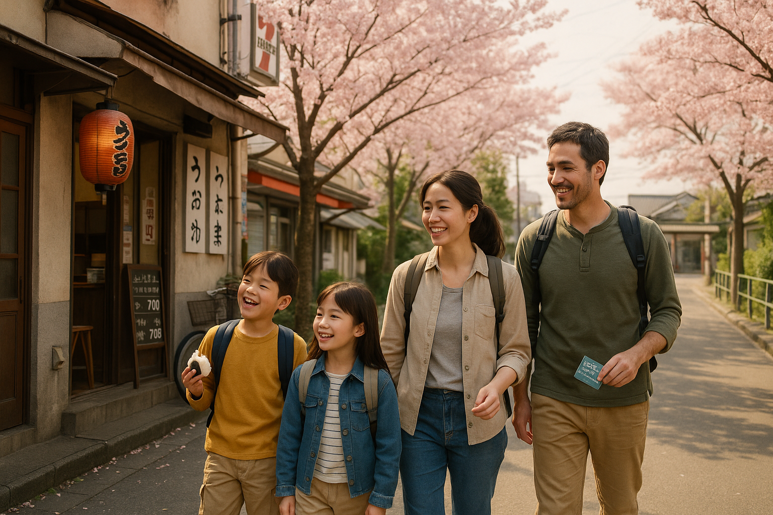 Family walking under cherry blossoms on a quiet Japanese street, stopping by a 7-Eleven with backpacks and JR Pass, capturing