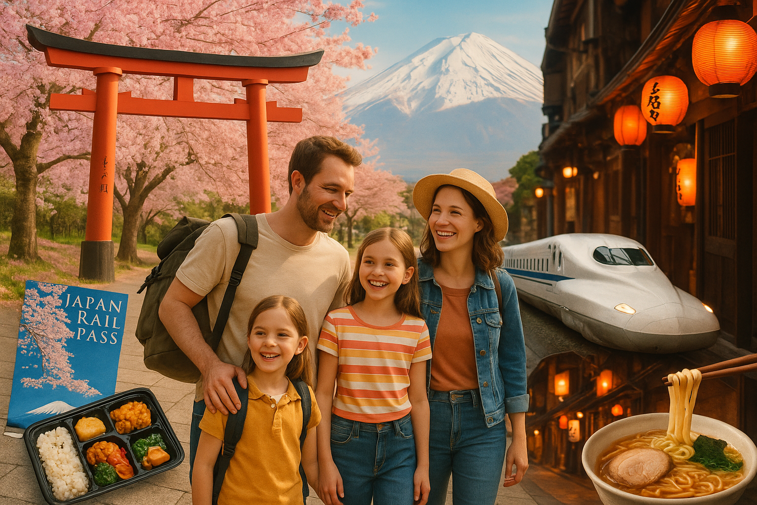 Family walking under cherry blossoms in Japan with Mt. Fuji, a bullet train, and traditional temples in the background—captur