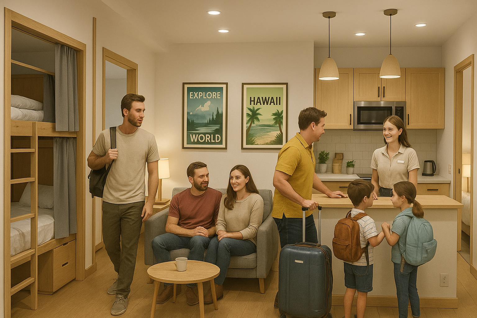 Modern cheap hostel with bunk beds and private rooms for backpackers and families.