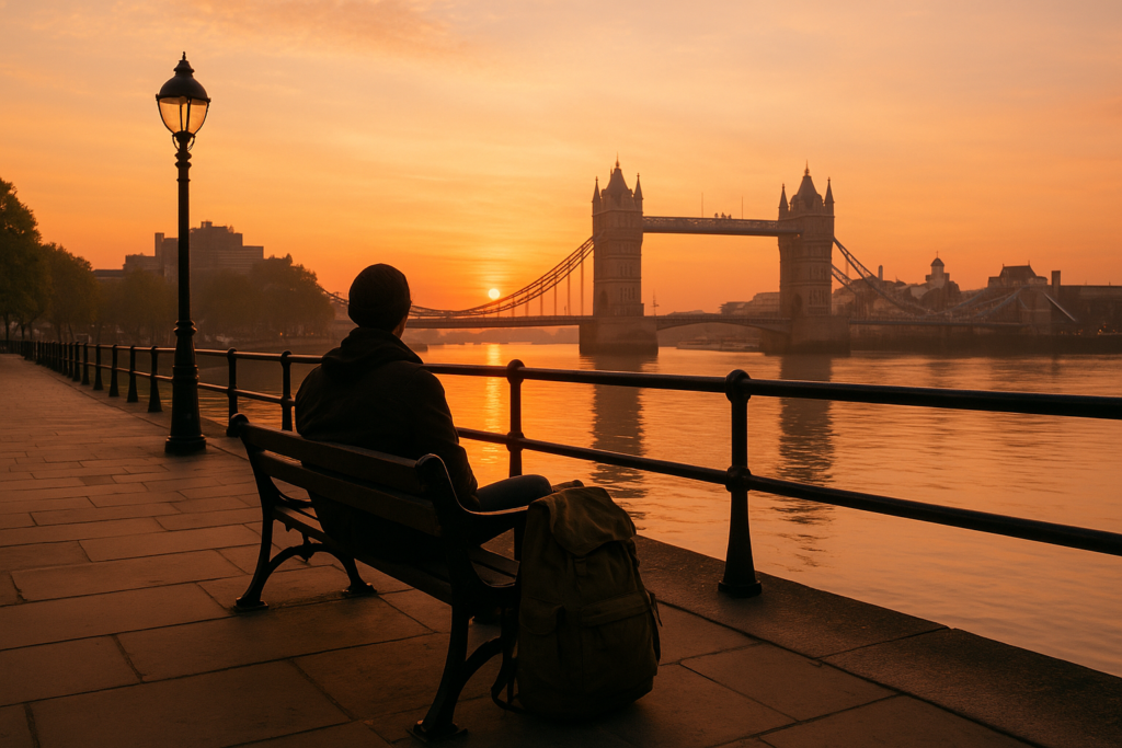 Traveler looking over Tower Bridge and the River Thames at sunrise
