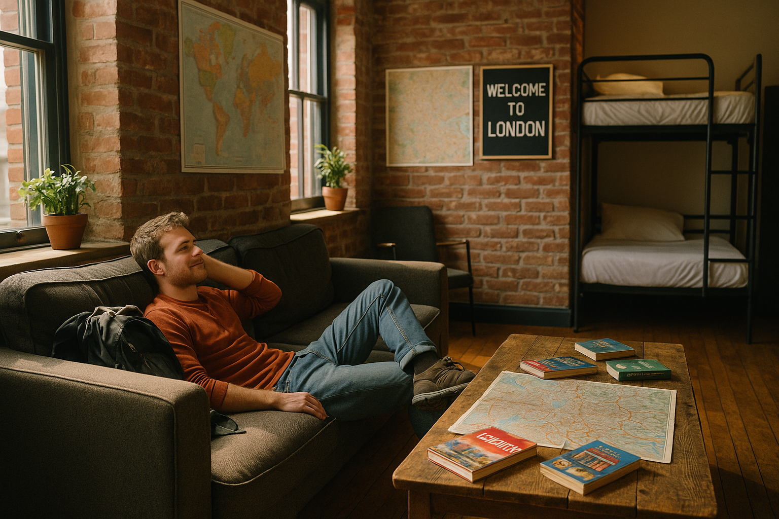Modern London hostel common room with a relaxed backpacker, cozy seating, and travel gear — budget-friendly accommodation vib