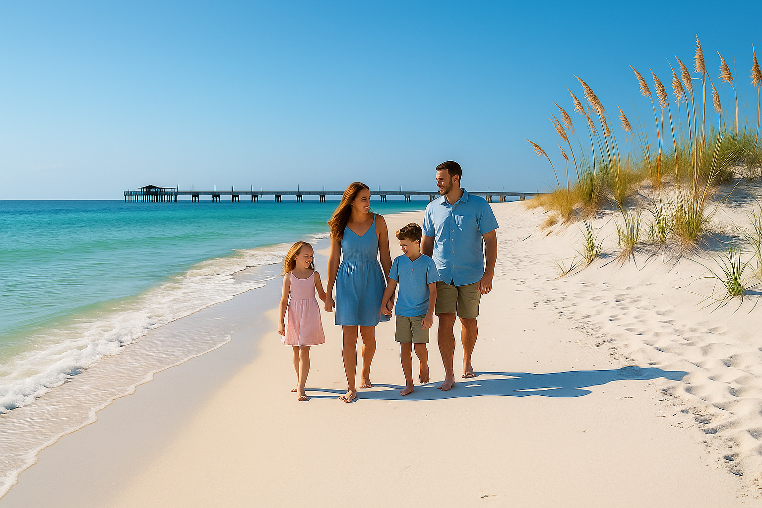Family walking along a white sand beach in Gulf Shores, Alabama, with turquoise water and a distant fishing pier under a sunn