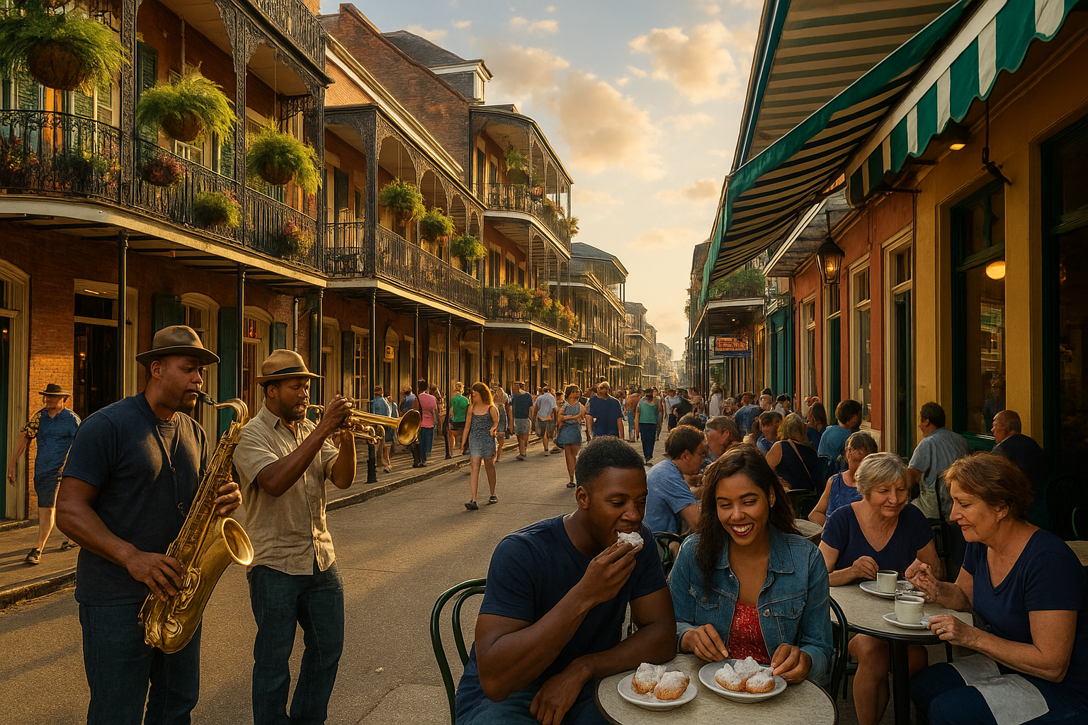 Street musicians performing in New Orleans’ French Quarter with colorful buildings and café diners enjoying the festive vibe.